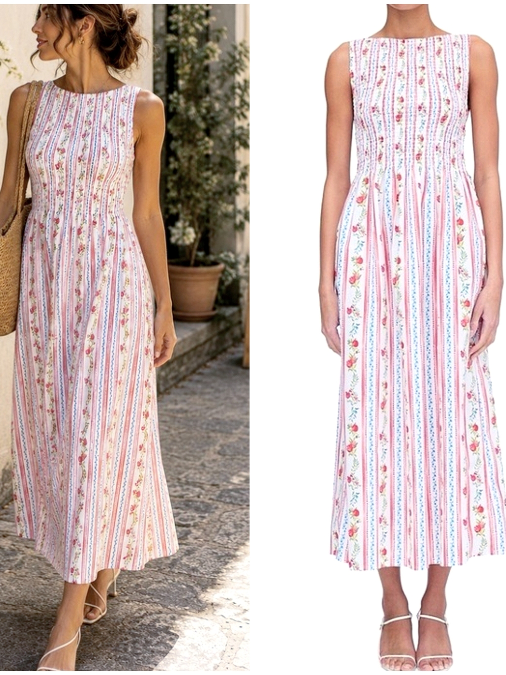 Caroline Constas, Smocked Maxi Dress In Striped Pomegranate Print, S
